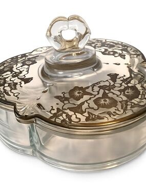 Vintage Paden City Glass 3-Part Divided Candy Dish Silver Overlay w/ Lid